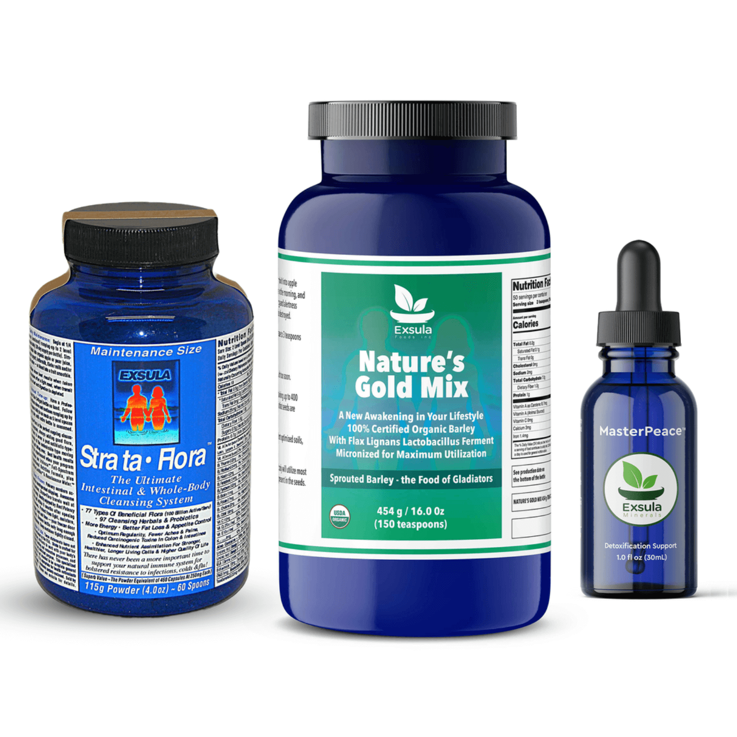 Three products from Exsula Superfoods on white background 1. Strata-Flora the ultimate intestinal and whole body cleansing system 2. Nature's Gold Mix a new awakening in your lifestyle 100% certified organic barley with flax lignans lactobacillus ferment micronized for maximum utilization 3. Master Peace