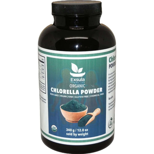 Exsula Organic Chlorella Powder bottle featuring Chlorophyll and Lecithin, 340g of nutrient-dense superfood.