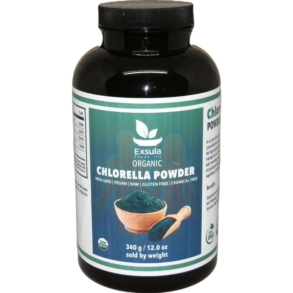 Exsula Organic Chlorella Powder bottle featuring Chlorophyll and Lecithin, 340g of nutrient-dense superfood.