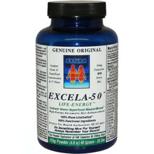 Excela-50 Beginner Superfood Powder in a blue bottle with nutrition facts and description for health enthusiasts.