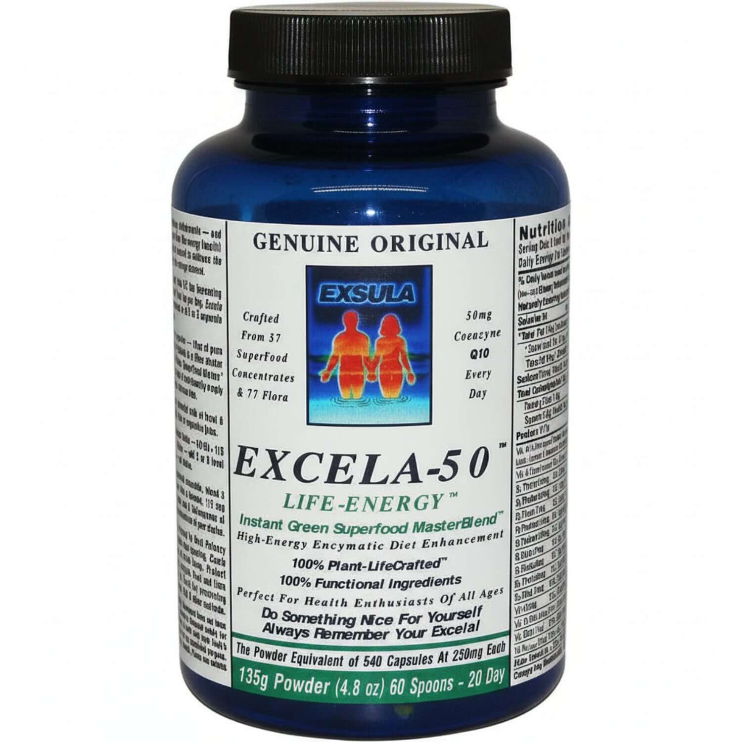 Excela-50 Beginner Superfood Powder in a blue bottle with nutrition facts and description for health enthusiasts.