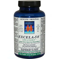 Excela-50 Beginner Superfood Powder in a blue bottle with nutrition facts and description for health enthusiasts.
