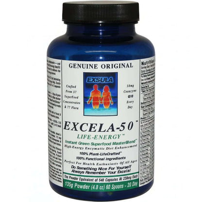 Excela-50 Beginner Superfood Powder in a blue bottle with nutrition facts and description for health enthusiasts.