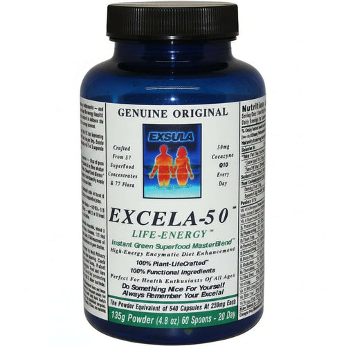 Excela-50 Beginner Superfood Powder in a blue bottle with nutrition facts and description for health enthusiasts.