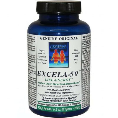 Excela-50 Beginner Superfood Powder in a blue bottle with nutrition facts and description for health enthusiasts.