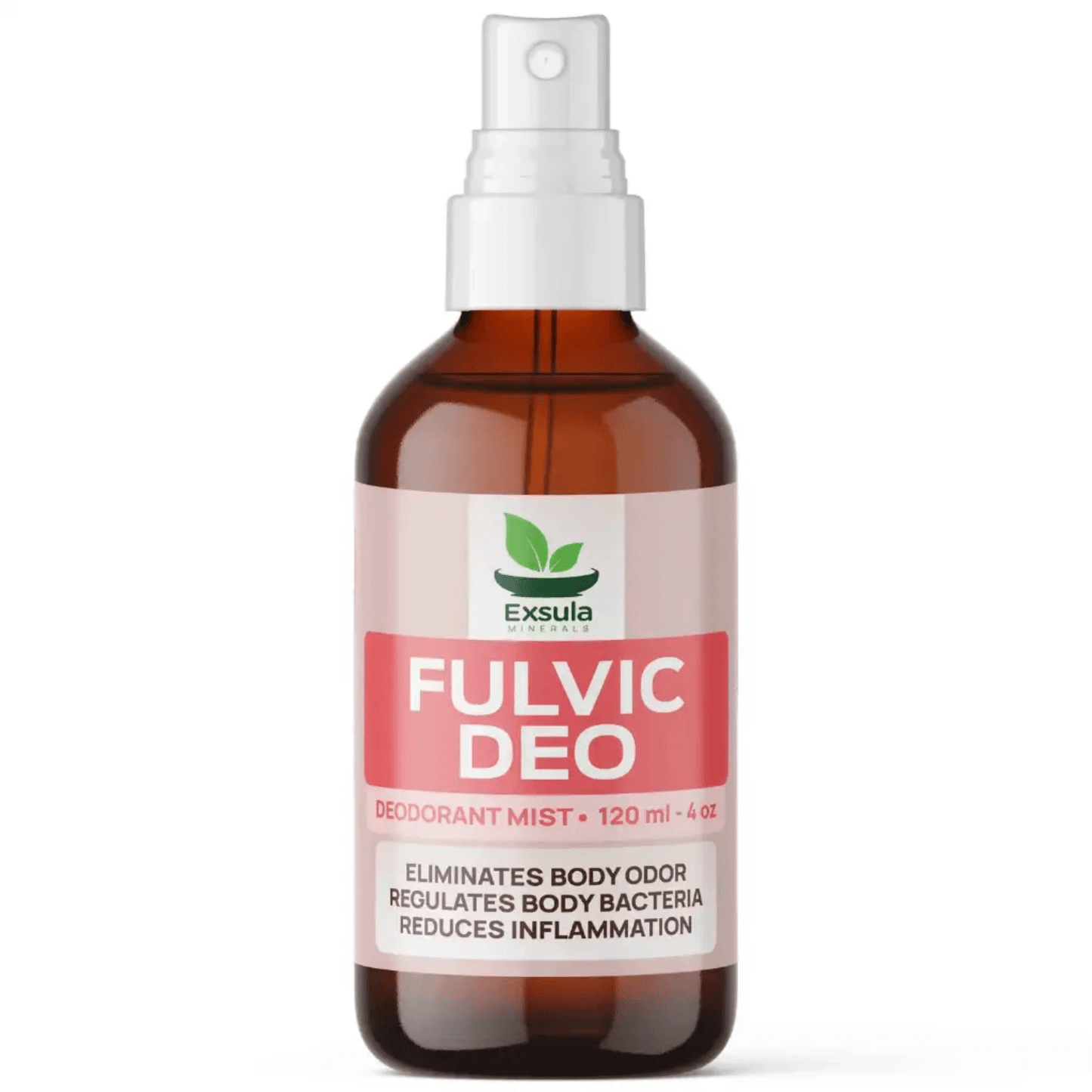 Fulvic Deo Natural Mineral Deodorant by Exsula in a spray bottle for long-lasting freshness.