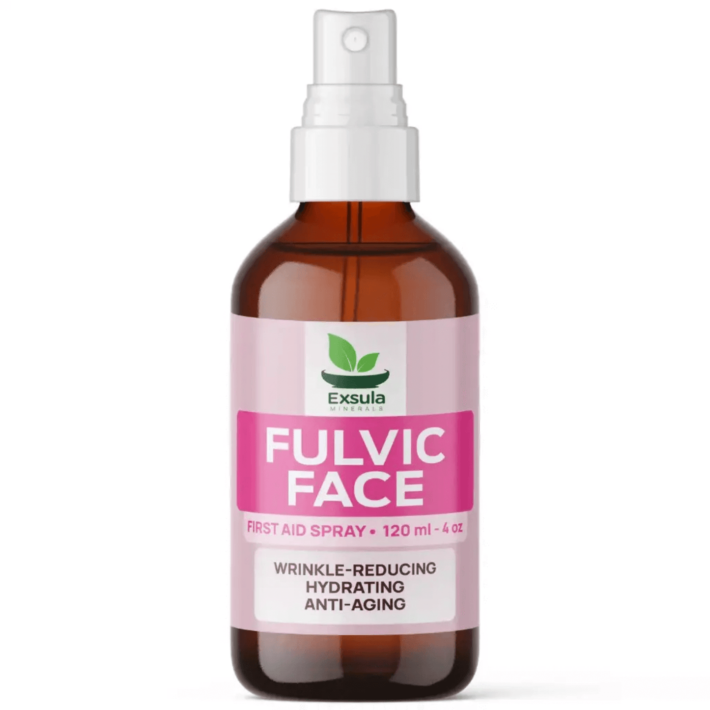 Exsula Fulvic Face Hydrating Mineral Serum in spray bottle, designed for wrinkle reduction and hydration.