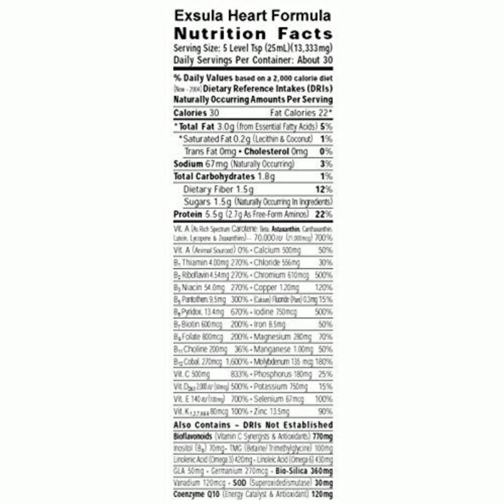 Exsula Heart Studies Formula nutrition facts label with serving size, calories, and nutrient breakdown.
