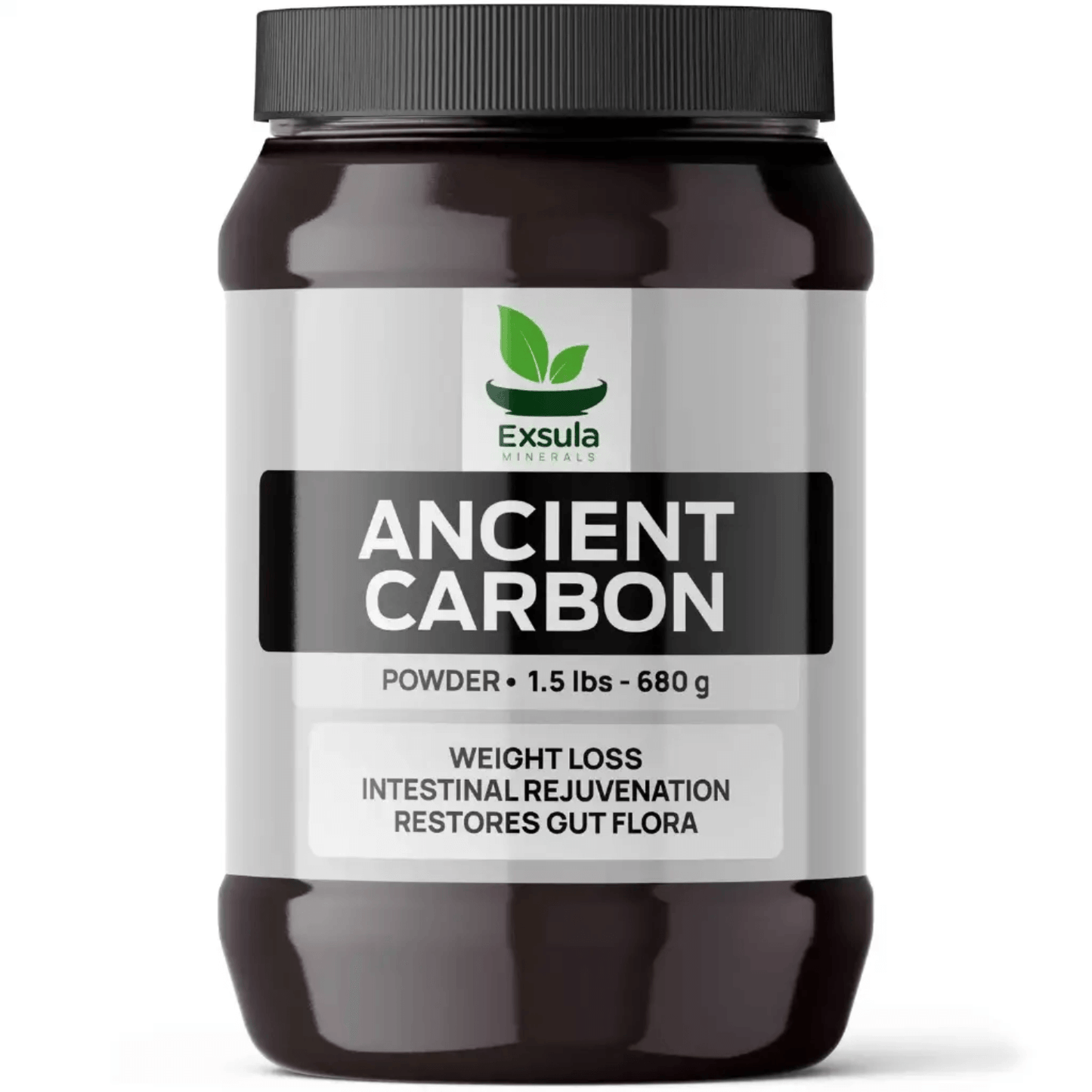 Container of Exsula Ancient Carbon, a Humic Acid Mineral Complex for weight loss and gut health.