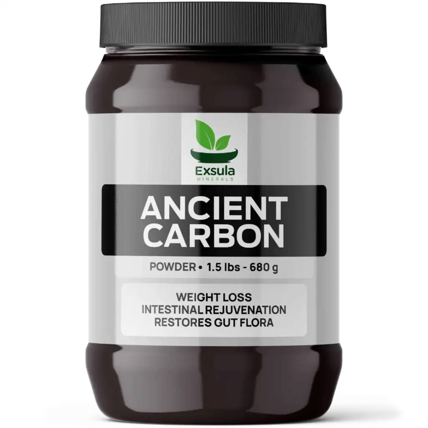 Container of Exsula Ancient Carbon, a Humic Acid Mineral Complex for weight loss and gut health.