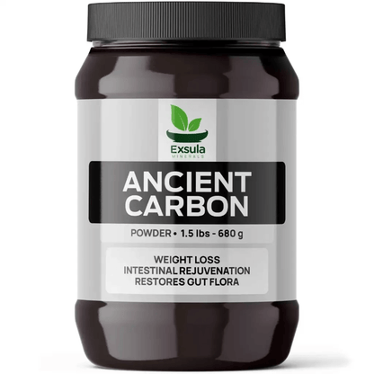 Container of Exsula Ancient Carbon, a Humic Acid Mineral Complex for weight loss and gut health.
