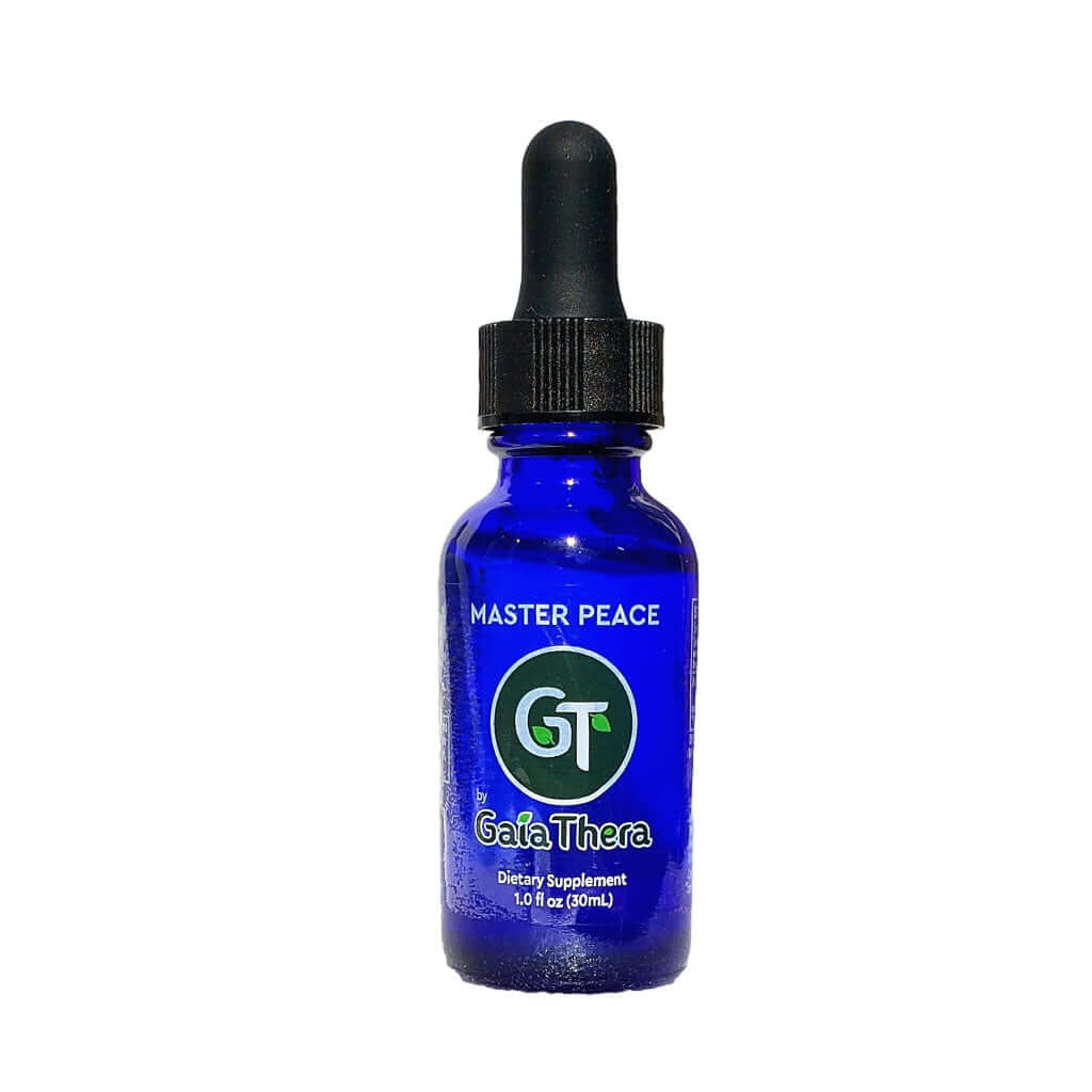 MasterPeace Zeolite Detox Supplement in a blue dropper bottle by Gaia Thera
