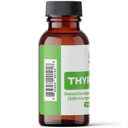 Thyrodine bottle for Thyroid Energy and Fatigue Support, featuring detoxified atomic iodine supplement.