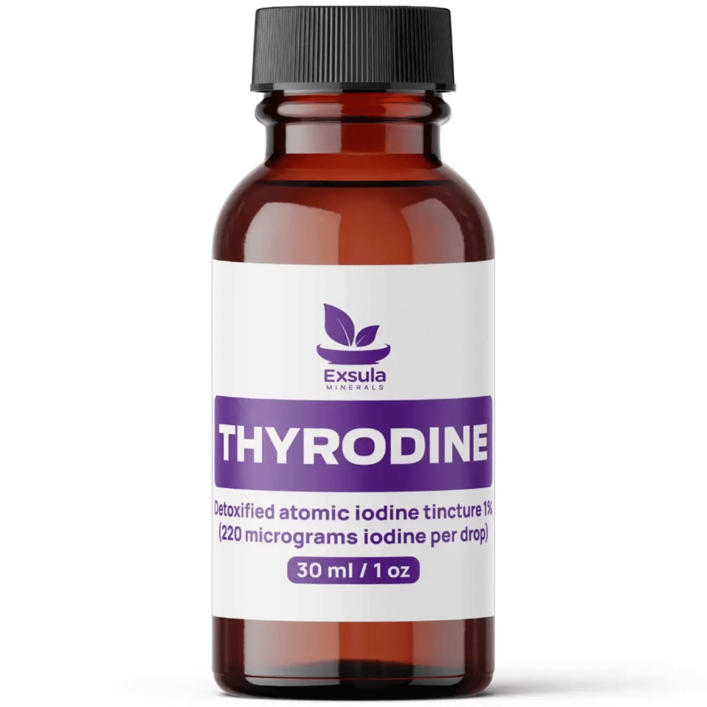 Thyrodine bottle for thyroid energy and fatigue support, detoxified atomic iodine tincture 1%.