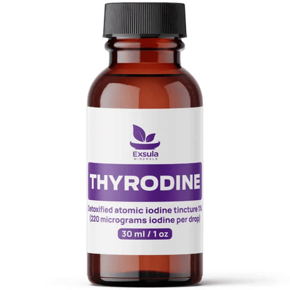 Thyrodine bottle for thyroid energy and fatigue support, detoxified atomic iodine tincture 1%.