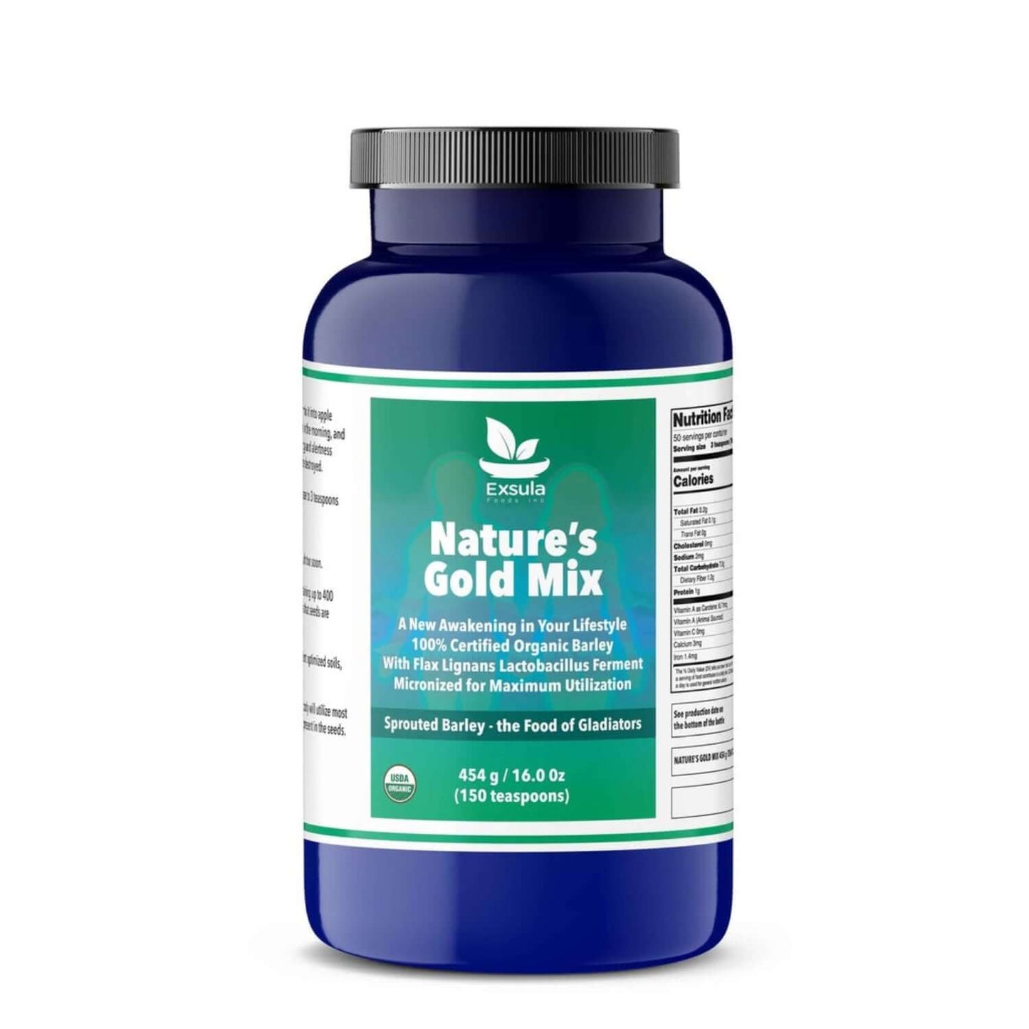 Nature's Gold Mix by Exsula featuring Sprouted Barley and Flax Seeds for nutritional support and wellness.