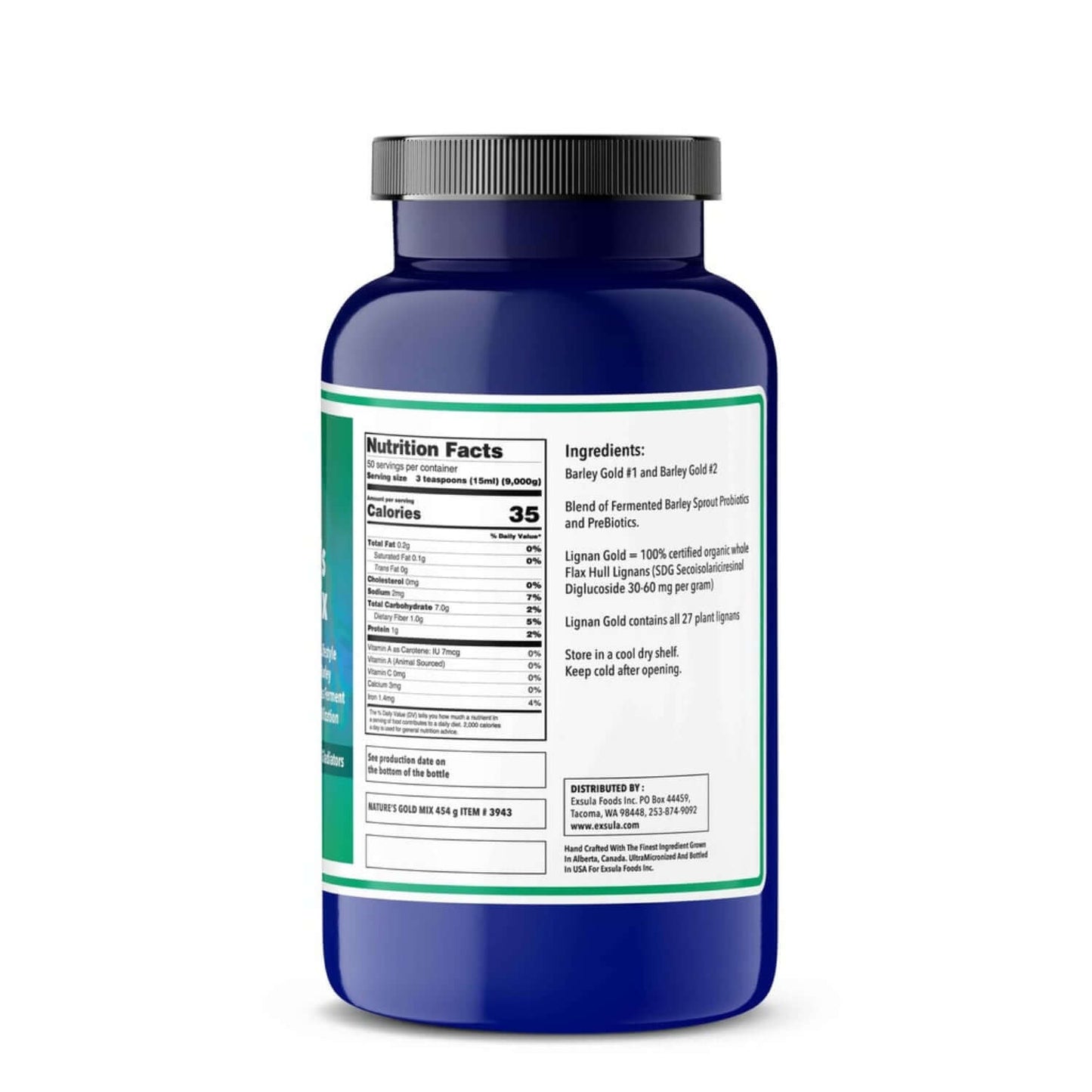 Nutrition facts label on Nature's Gold Mix container featuring Sprouted Barley and Flax Seeds ingredients.