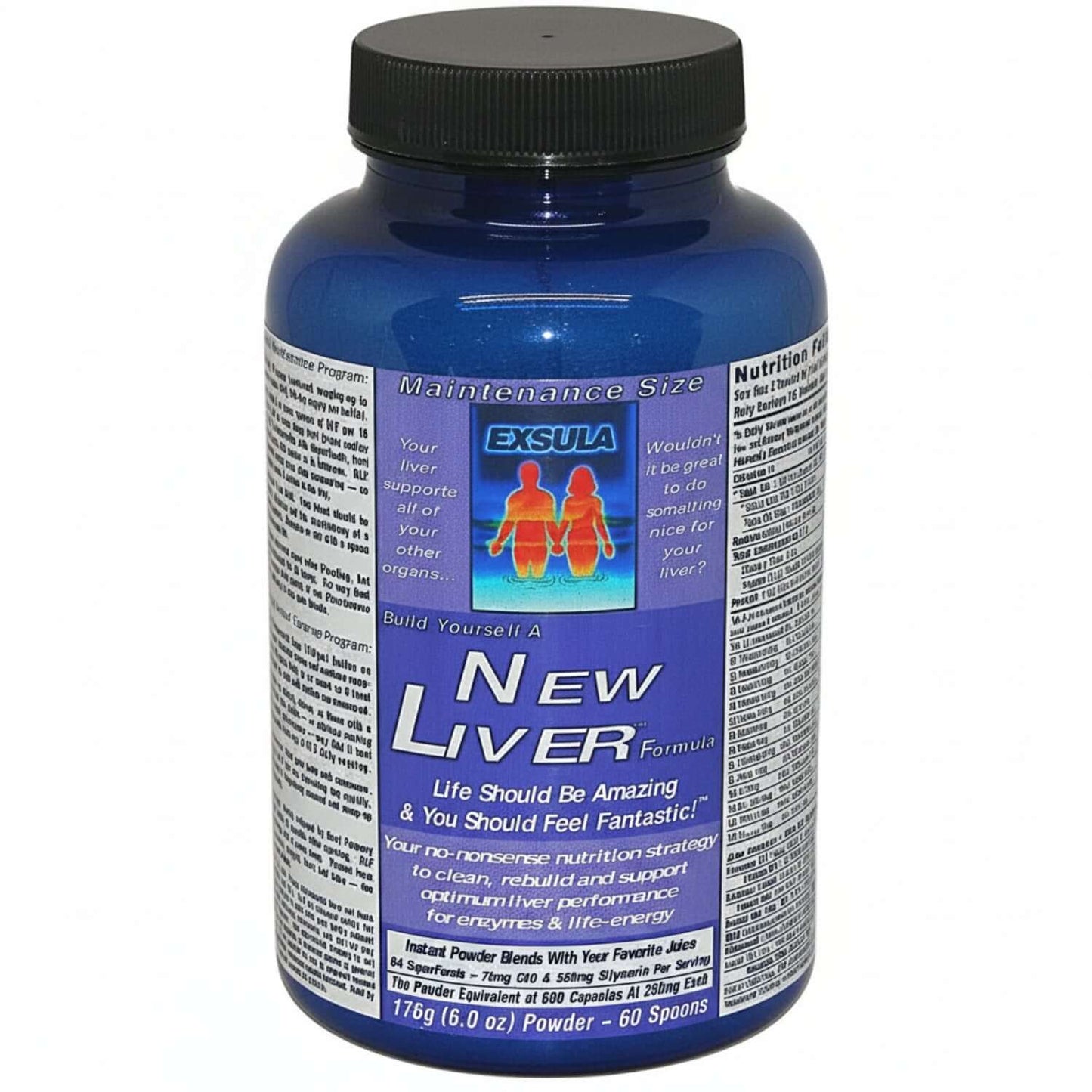 Exsula Superfoods New Liver bottle for Liver Detox Superfood, promoting health and vitality in a blue container.