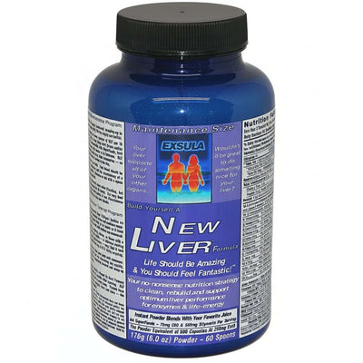 Exsula Superfoods New Liver bottle for Liver Detox Superfood, promoting health and vitality in a blue container.
