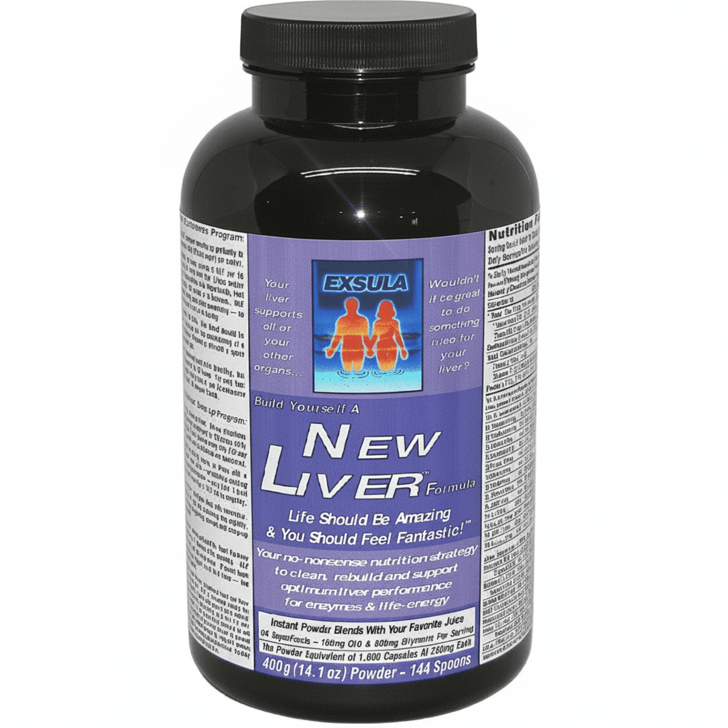 Exsula Superfoods New Liver Liver Detox Superfood in a black bottle, promoting liver health and detoxification.