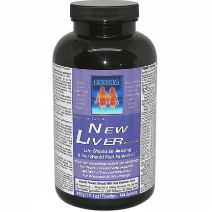 Exsula Superfoods New Liver Liver Detox Superfood in a black bottle, promoting liver health and detoxification.
