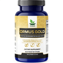 ORMUS Gold Monoatomic Gold Supplement in a 100g powder container, harvested from volcanic spring water, dietary supplement.