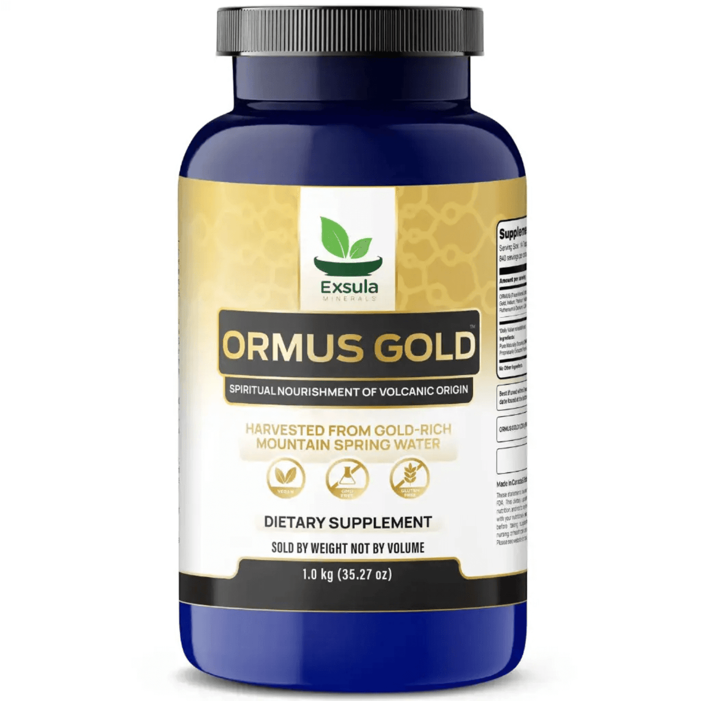 ORMUS Gold Monoatomic Gold Supplement in a blue dietary supplement bottle by Exsula Minerals.