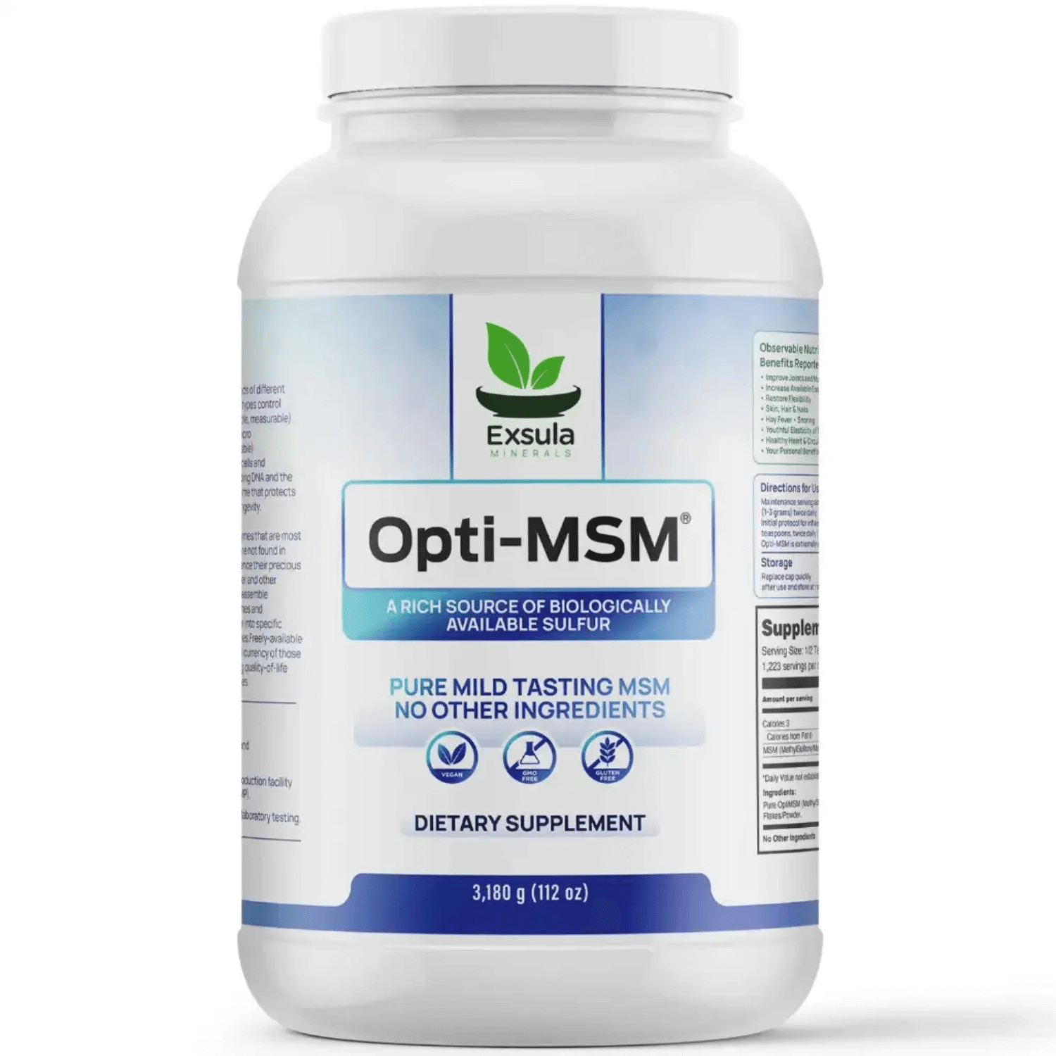 Exsula Minerals Opti-MSM supplement for Joint Mobility and Flexibility, contains pure biologically available sulfur.