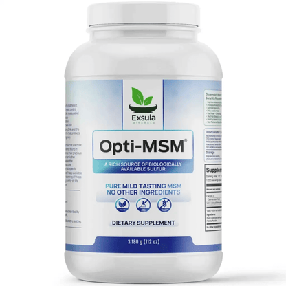 Exsula Minerals Opti-MSM supplement for Joint Mobility and Flexibility, contains pure biologically available sulfur.