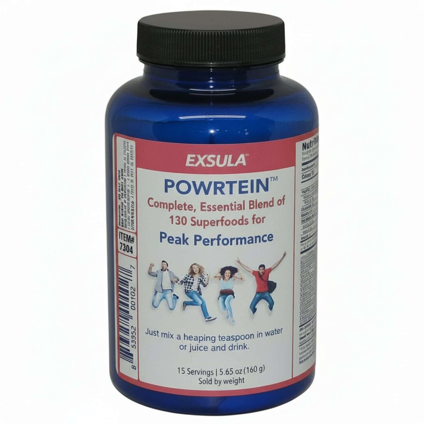 Exsula Powrtein superfood protein supplement bottle for peak performance, featuring a blend of 130 superfoods.