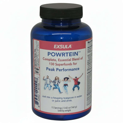 Exsula Powrtein superfood protein supplement bottle for peak performance, featuring a blend of 130 superfoods.