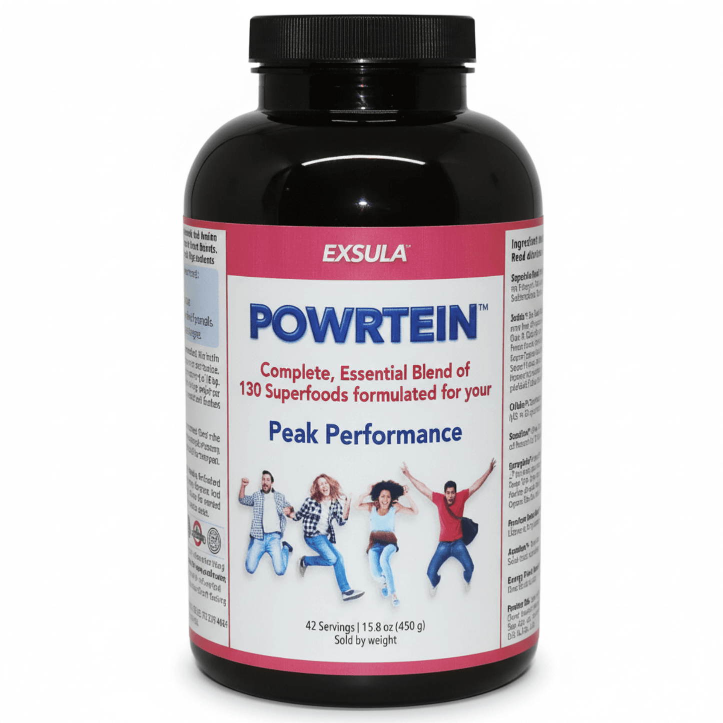 Exsula Powrtein superfood protein bottle for peak performance, featuring a blend of 130 superfoods.