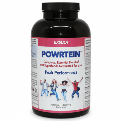 Exsula Powrtein superfood protein bottle for peak performance, featuring a blend of 130 superfoods.