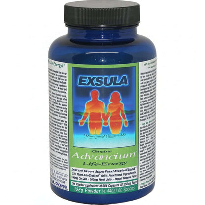 Blue supplement bottle labeled 'Exsula' with a colorful label featuring two figures and text.