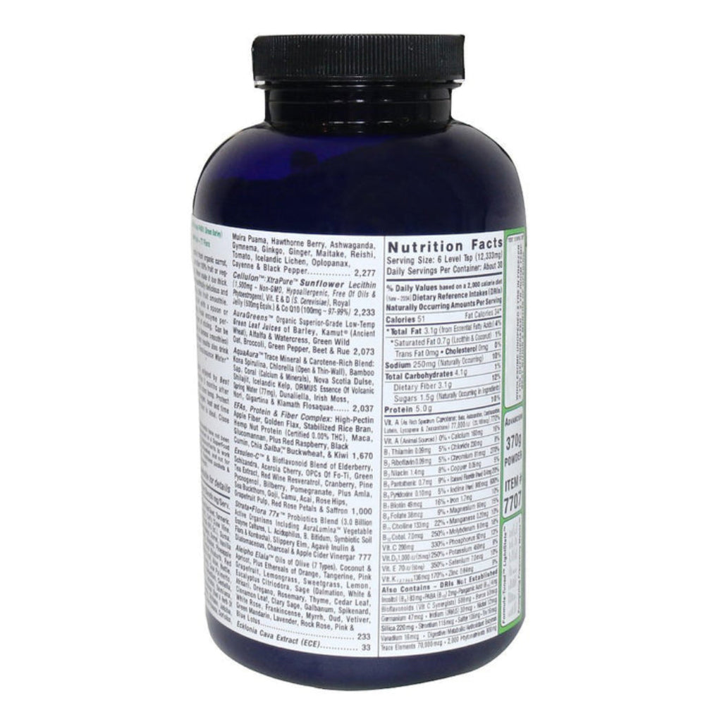 Exsula SuperFoods Advancium Blue supplement bottle with nutrition facts label on a white background