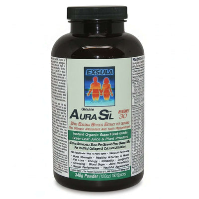 AuraSil silica supplement bottle from Exsula, a powerful silica supplement supporting health and vitality.