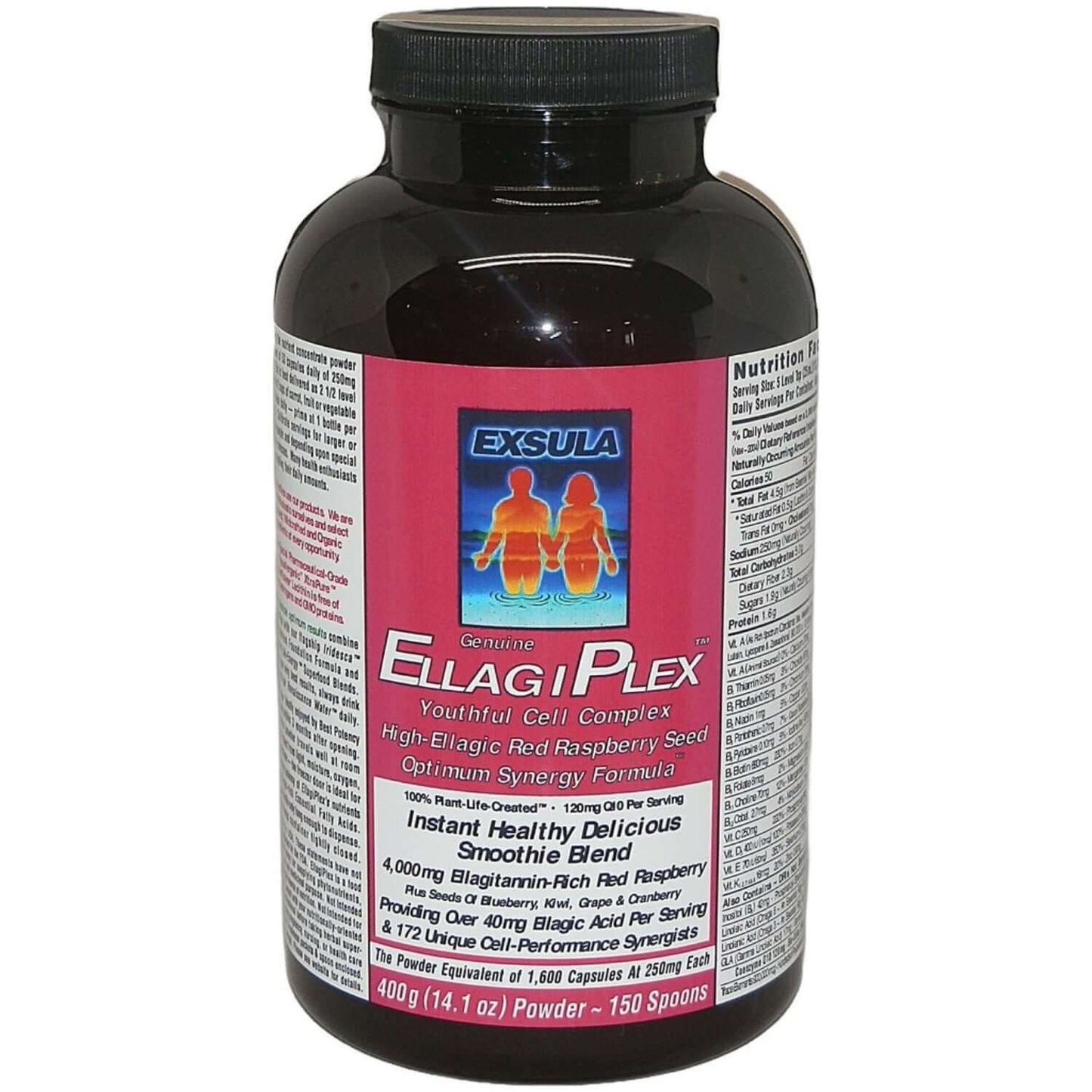 Exsula Superfoods EllagiPlex bottle featuring ellagitannin antioxidant for youthful cell complex.