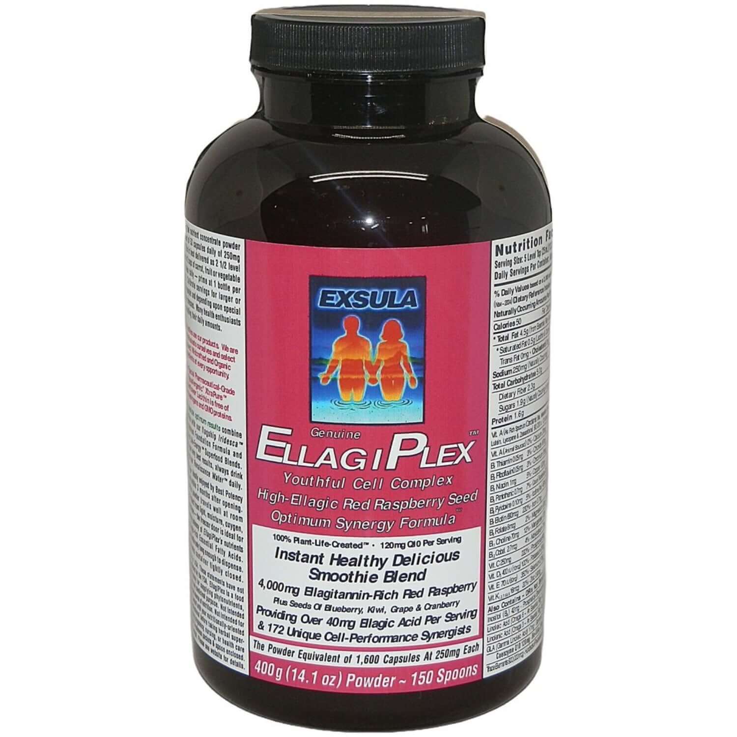 Exsula Superfoods EllagiPlex bottle featuring ellagitannin antioxidant for youthful cell complex.