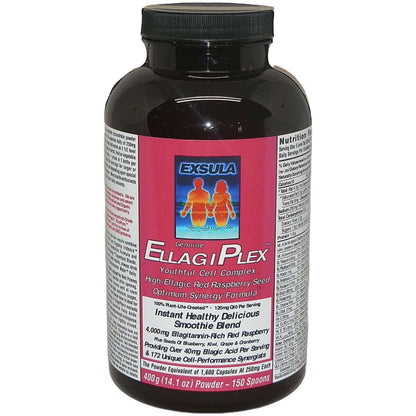 Exsula Superfoods EllagiPlex bottle featuring ellagitannin antioxidant for youthful cell complex.