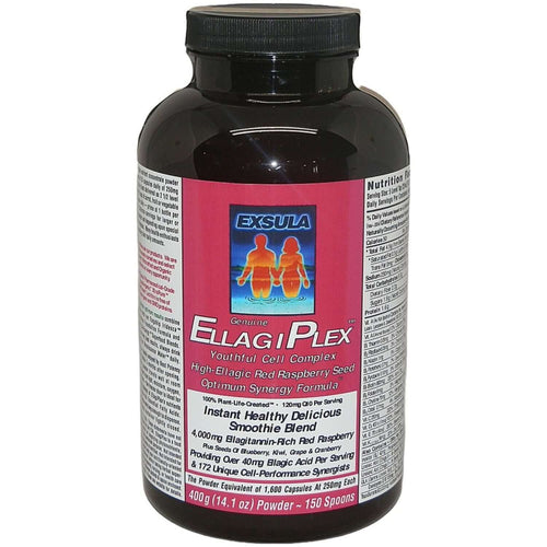 Exsula EllagiPlex Longevity Antioxidant bottle, a youthful cell complex with red raspberry seeds.