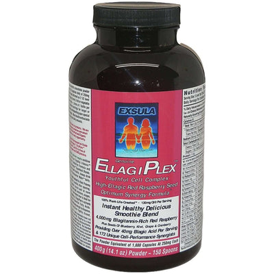 Exsula Superfoods EllagiPlex bottle featuring ellagitannin antioxidant for youthful cell complex.