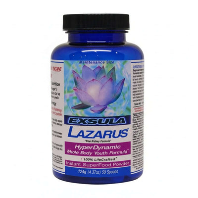 Exsula Lazarus restorative superfood in blue container, a blend of wild-crafted organic ingredients for total body refresh.