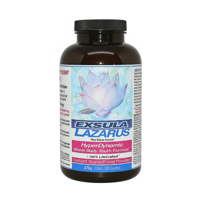 Exsula Lazarus Restorative Superfood in a bottle, promoting whole body youth and vitality.