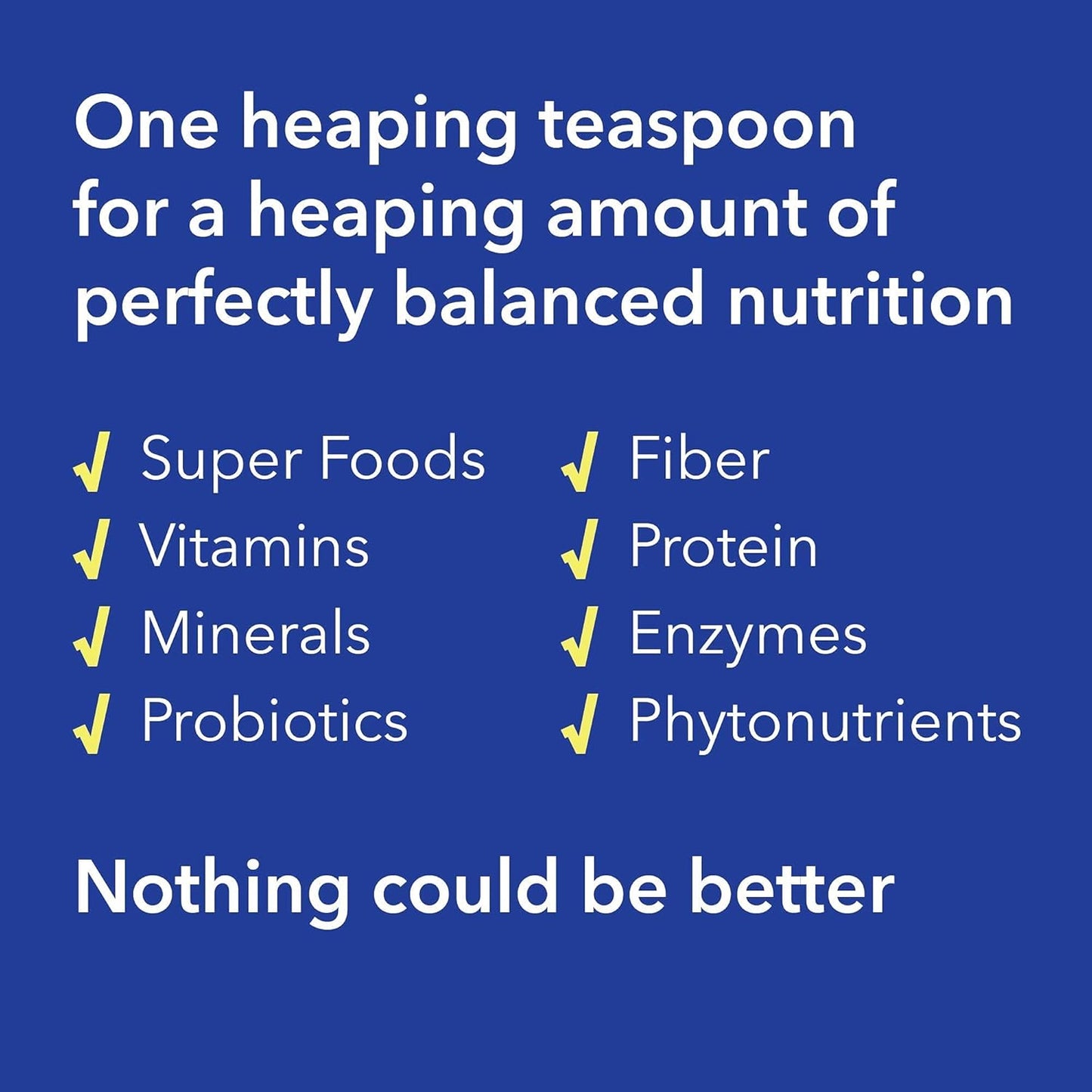 Promotional graphic for a product claiming to provide perfectly balanced nutrition with superfoods, vitamins, minerals, and more on a blue background.