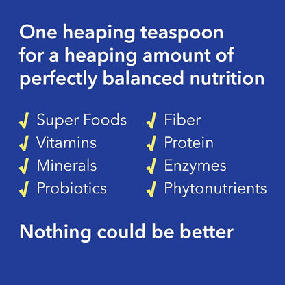 Promotional graphic for a product claiming to provide perfectly balanced nutrition with superfoods, vitamins, minerals, and more on a blue background.