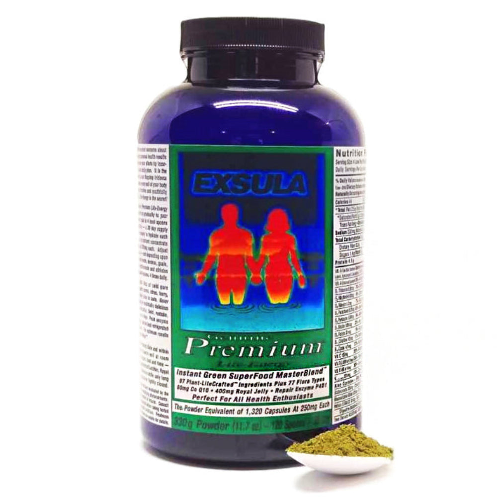 Supplement bottle labeled 'Exsula' with a scoop of powder on a white background