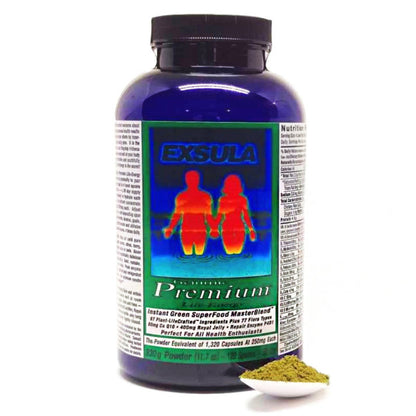 Supplement bottle labeled 'Exsula' with a scoop of powder on a white background