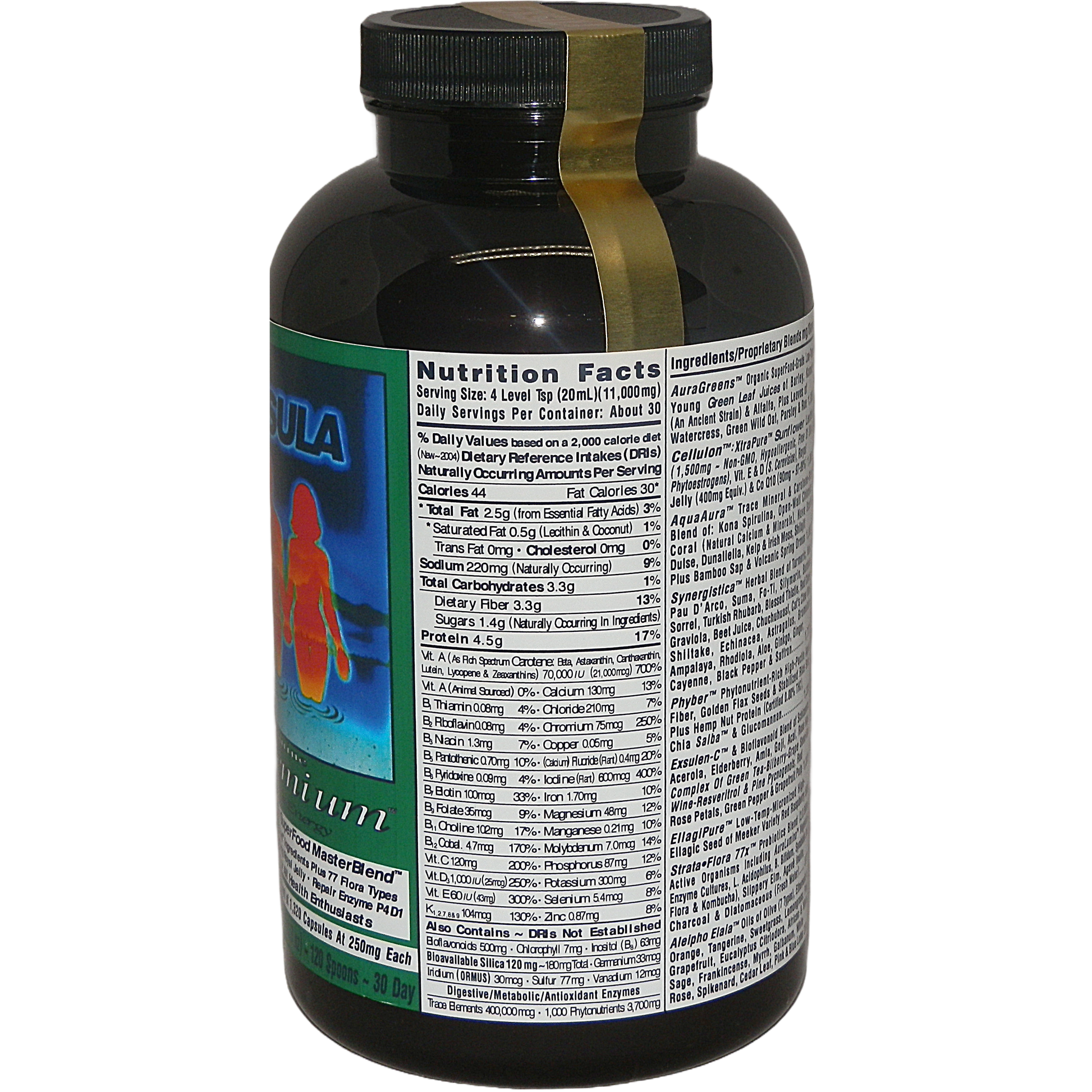 Exsula SuperFoods Premium Nutrition Facts Label with white background Bottle.