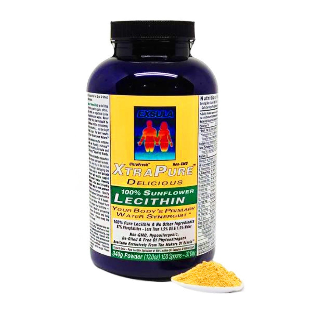 Bottle of XtraPure 100% Sunflower Lecithin with a spoonful of powder on a white background