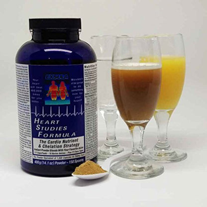 Heart Studies Formula in a blue container with three glasses of different colored drinks and a spoon of powder.